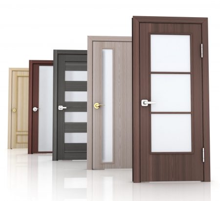 Five doors row on white background. 3d illustration.